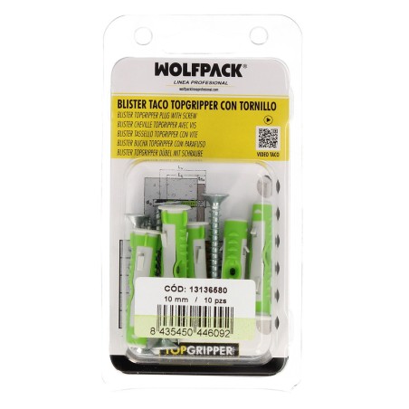 Blister Tacos Topgripper Bimaterial Con Tornillos Ø 10 mm. 10 Piezas Taco Anclaje Universal, Taco Hormigon, Taco Pladur WOLFPAC