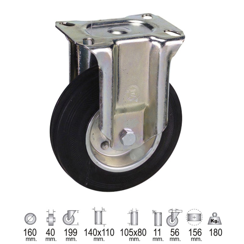 Rueda Industrial Goma Negra Fija 160 mm. WOLFPACK LINEA PROFESIONAL