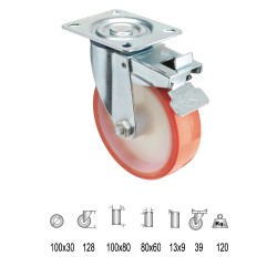 Rueda Industrial Poliuretano Placa con freno 100 mm. WOLFPACK LINEA PROFESIONAL