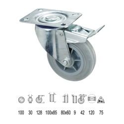 Rueda Industrial Goma Gris Placa con freno 100 mm. WOLFPACK LINEA PROFESIONAL