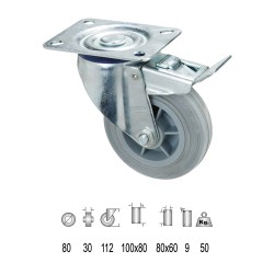 Rueda Industrial Goma Gris Placa con freno 80mm WOLFPACK LINEA PROFESIONAL
