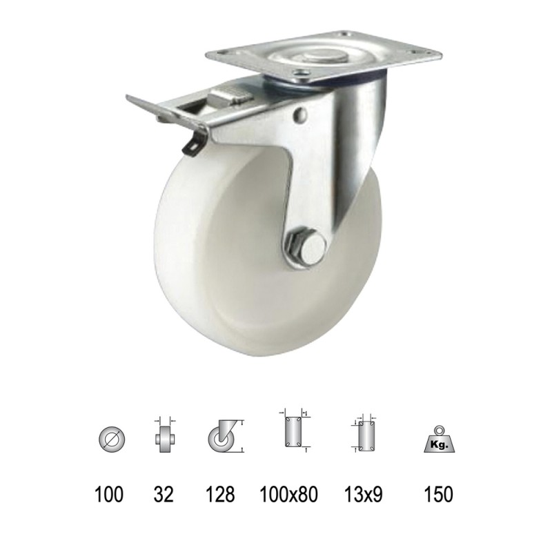 Rueda Industrial Nylon Placa con freno 100mm WOLFPACK LINEA PROFESIONAL