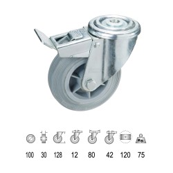 Rueda Industrial Goma Gris Pasante con freno100 mm. WOLFPACK LINEA PROFESIONAL