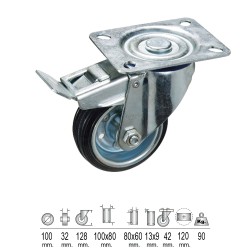 Rueda Industrial Goma Negra Placa con freno 100mm WOLFPACK LINEA PROFESIONAL