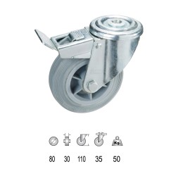 Rueda Industrial Goma Gris Pasante con freno 80mm WOLFPACK LINEA PROFESIONAL