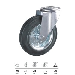 Rueda Industrial Goma Negra Pasante 80mm WOLFPACK LINEA PROFESIONAL