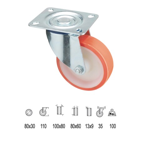 Rueda Industrial Poliuretano Placa 80 mm. WOLFPACK LINEA PROFESIONAL