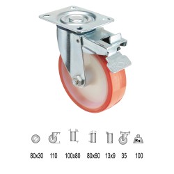 Rueda Industrial Poliuretano Placa con freno 80 mm. WOLFPACK LINEA PROFESIONAL