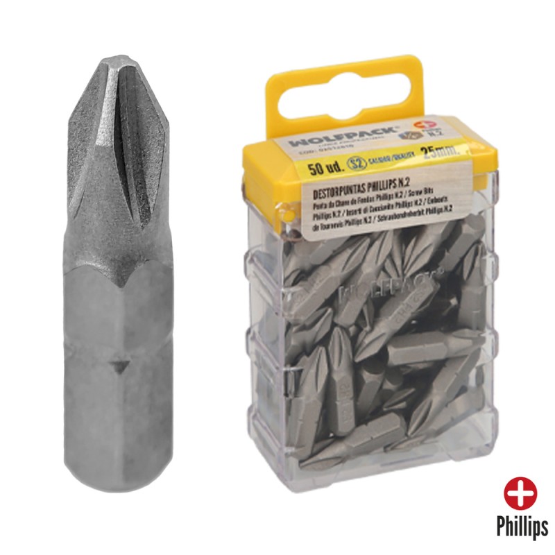 Puntas Destornillador Phillips Nº 2 (50 Piezas). Acero S2 al Cromo Vanadio. Puntas Hexagonales, Destorpuntas, WOLFPACK LINEA PR
