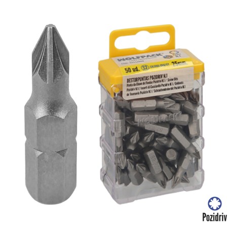Puntas Destornillador Pozidriv Nº 1 (50 Piezas). Acero S2 al Cromo Vanadio. Puntas Hexagonales, Destorpuntas, WOLFPACK LINEA PR