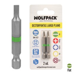 Puntas Destornillador Largo Plano 4 mm. (2 Piezas). Acero S2 al Cromo Vanadio. Puntas Hexagonales, Destorpuntas, WOLFPACK LINEA