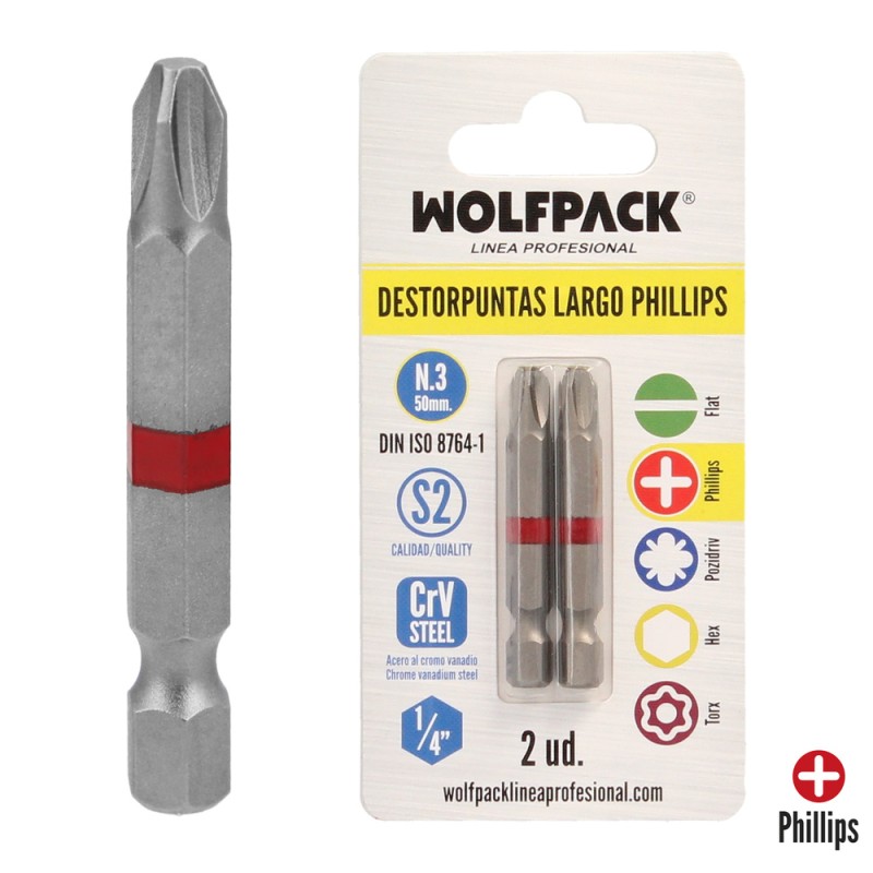 Puntas Largas Destornillador Phillips Nº 3 (2 Piezas). Acero S2 al Cromo Vanadio. Puntas Hexagonales, Destorpuntas, WOLFPACK LI
