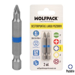 Destorpuntas Largo Pozidriv Nº 1 (2 Piezas) Acero S2 al Cromo Vanadio. Puntas Hexagonales, Destorpuntas, WOLFPACK LINEA PROFESI