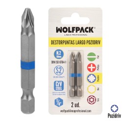 Destorpuntas Largo Pozidriv Nº 2 (2 Piezas) Acero S2 al Cromo Vanadio. Puntas Hexagonales, Destorpuntas, WOLFPACK LINEA PROFESI
