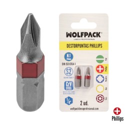 Puntas Largas Destornillador Phillips Nº 1 (2 Piezas). Acero S2 al Cromo Vanadio. Puntas Hexagonales, Destorpuntas, WOLFPACK LI