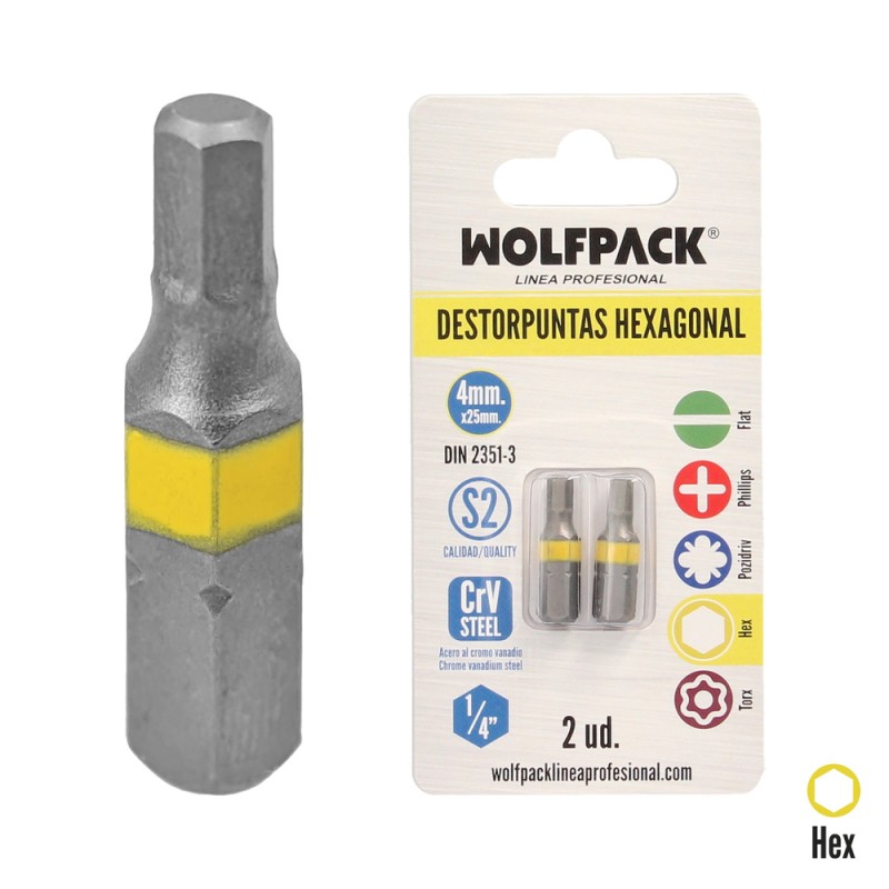 Puntas Destornillador Hexagonal 4,0 mm. (2 Piezas). Acero S2 al Cromo Vanadio. Puntas Hexagonales, Destorpuntas, WOLFPACK LINEA