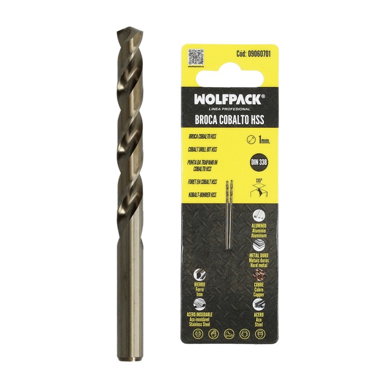 Broca Cobalto Hss Cilindrica 1,00 mm. Blister 2 Unidades. WOLFPACK LINEA PROFESIONAL