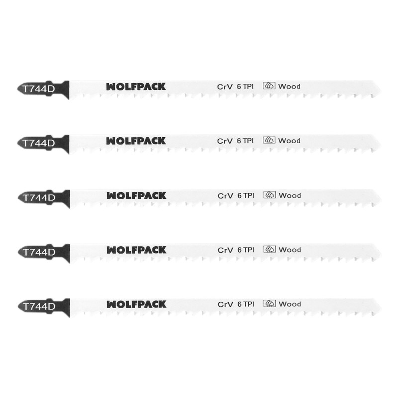 Hoja Larga Sierra Calar Para Madera Corte Grueso 5 Piezas. Hoja Cromo Vanadio 58. Vastago T Universal. WOLFPACK LINEA PROFESION