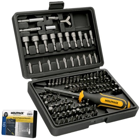 Juego Puntas con Destornillador 1/4" 122 Pzs. Con Apadtador. Cromo Vanadio, Kit Llave Combinada, Kit Carraca, WOLFPACK LINEA PR