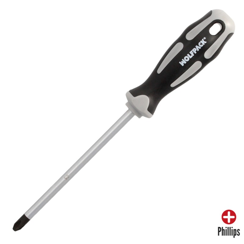 Destornillador Phillips Acero S2 Mango TPR Bimaterial. Medida PH 3 x Ø 8,0 x 150 mm. DIN5262. WOLFPACK LINEA PROFESIONAL