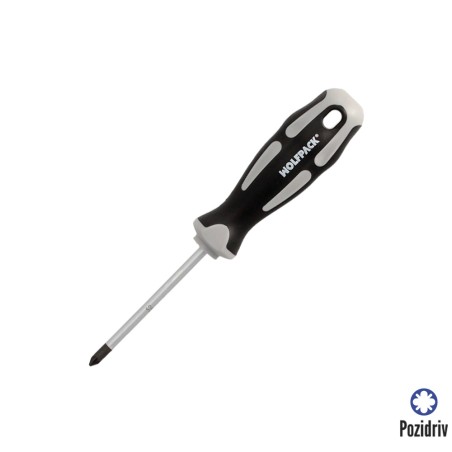 Destornillador Pozidriv Acero S2 Mango TPR Bimaterial. Medida PZ 1 x Ø 5 x 75 mm. DIN5262. WOLFPACK LINEA PROFESIONAL