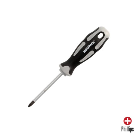 Destornillador Phillips Acero S2 Mango TPR Bimaterial. Medida PH 1 x Ø 5,0 x 75 mm. DIN5262. WOLFPACK LINEA PROFESIONAL