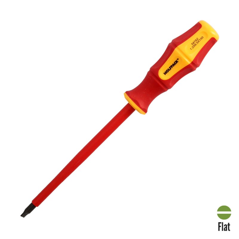 Destornillador Plano Aislado Certificado VDE 1.000 V. Medida 1,2 x Ø 6,5 x 150 mm. Destornillador Seguridad Electricista WOLFPA