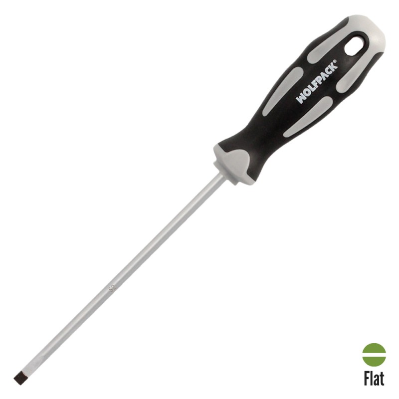 Destornillador Plano Vaciado Acero S2 Mango TPR Bimaterial. Medida 1,2 x Ø 6,0 x 150 mm. DIN5265 WOLFPACK LINEA PROFESIONAL