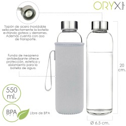 Botella Agua Cristal 550 ml. Funda Neopreno con Asa. Sin BPA ORYX
