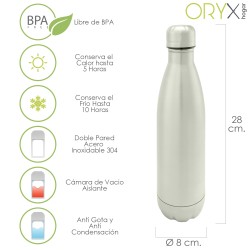 Botella Termica, Capacidad De 500 ML. Libre BPA, Acero Inoxidable, Antigoteo ORYX