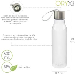 Botella Agua, Capacidad De 600 ML. Plastico Libre BPA, Con Asa, Tapon Acero Inoxidable. ORYX
