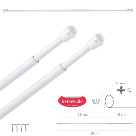 Barra Visillo Extensible 23/38 cm. con Muelle Presion, Soportes y Ventosas (2 Piezas) MAURER