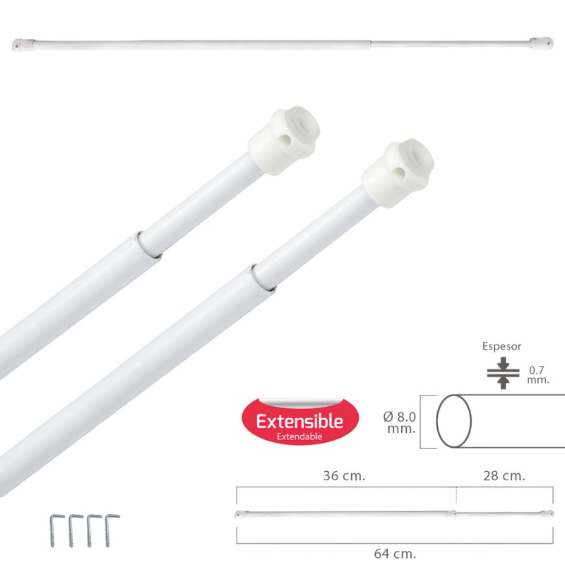 Barra Visillo Extensible 36/64 cm. con Muelle Presion, Soportes y Ventosas (2 Piezas) MAURER