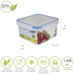 Recipiente Hermetico Plastico Cuadrado 1200 ml. 15x15x8 (Alt.) cm. ORYX