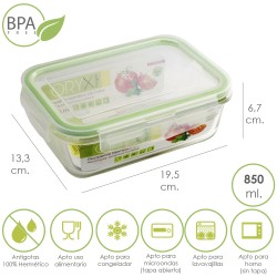 Recipiente Hermetico Cristal Rectangular 850 ml. 19.5 x 13.3 x 6.7 (alt) cm. ORYX