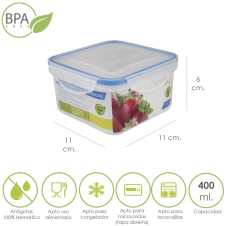 Recipiente Hermetico Plastico Cuadrado 400 ml. 11x11x6 (Alt.) cm. ORYX