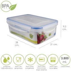 Recipiente Hermetico Plastico Rectangular 3.800 ml. 28x21x9.5 (Alt.) cm. ORYX