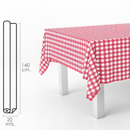 Mantel Hule Rectangular Cuadros Rojos. Impermeable Antimanchas PVC 140 cm. x 20 metros. Rollo Recortable. Interior y Exterior O