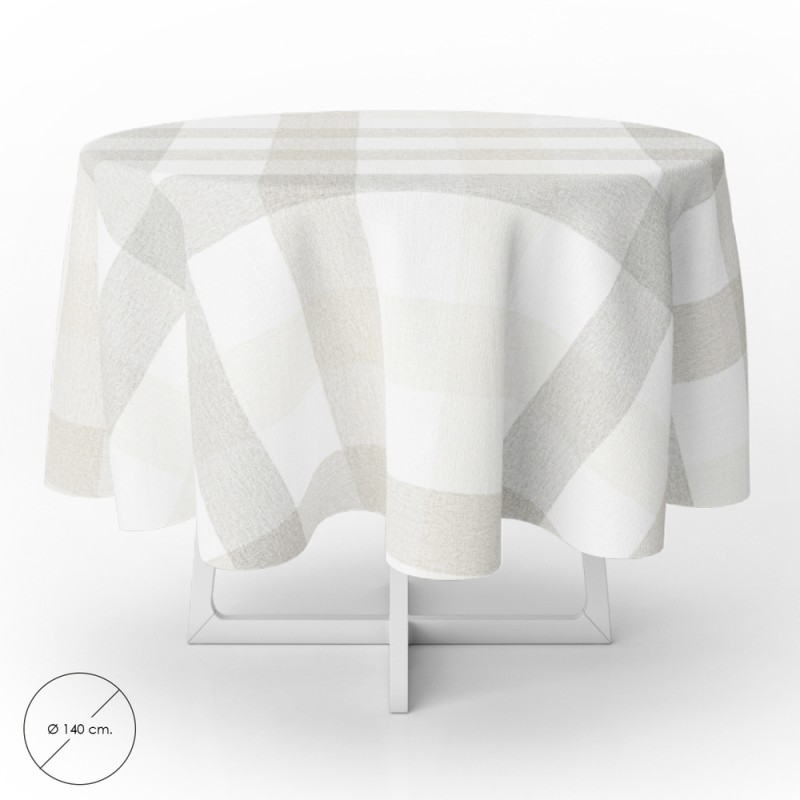 Mantel Hule Redondo Cuadros Beige Impermeable Antimanchas PVC Ø 140 cm. Uso Interior y Exterior ORYX
