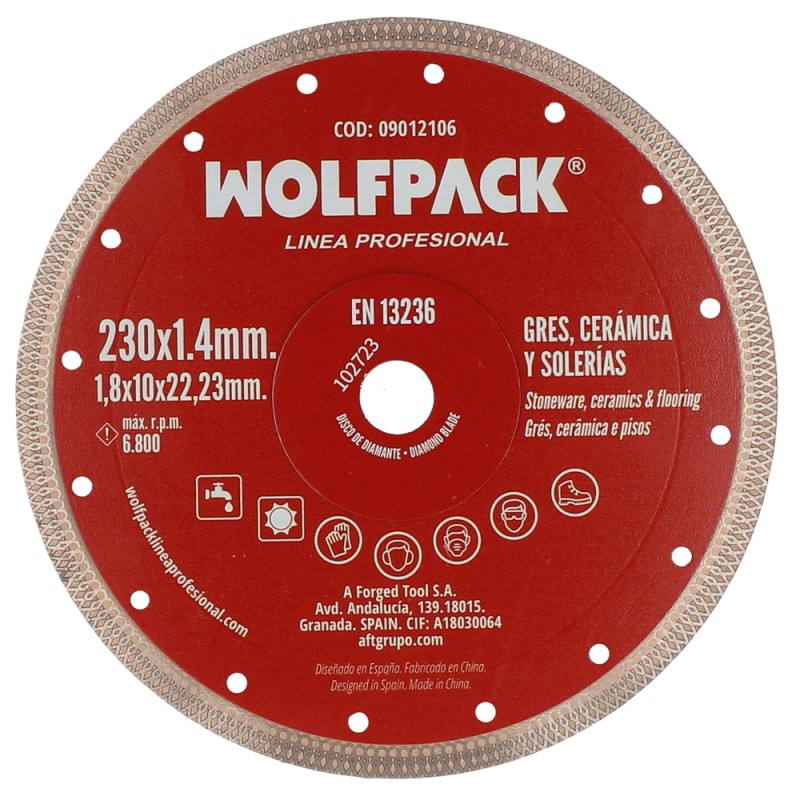 Disco Diamante Ø 230 mm. Porcelanicos, Gres, Ceramica, Solerias. Segmento Diamantado 10 mm. WOLFPACK LINEA PROFESIONAL