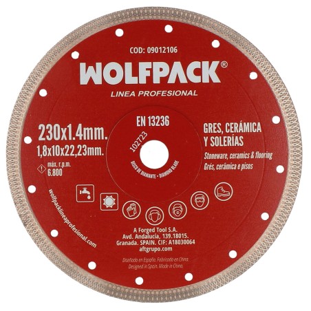 Disco Diamante Ø 230 mm. Porcelanicos, Gres, Ceramica, Solerias. Segmento Diamantado 10 mm. WOLFPACK LINEA PROFESIONAL