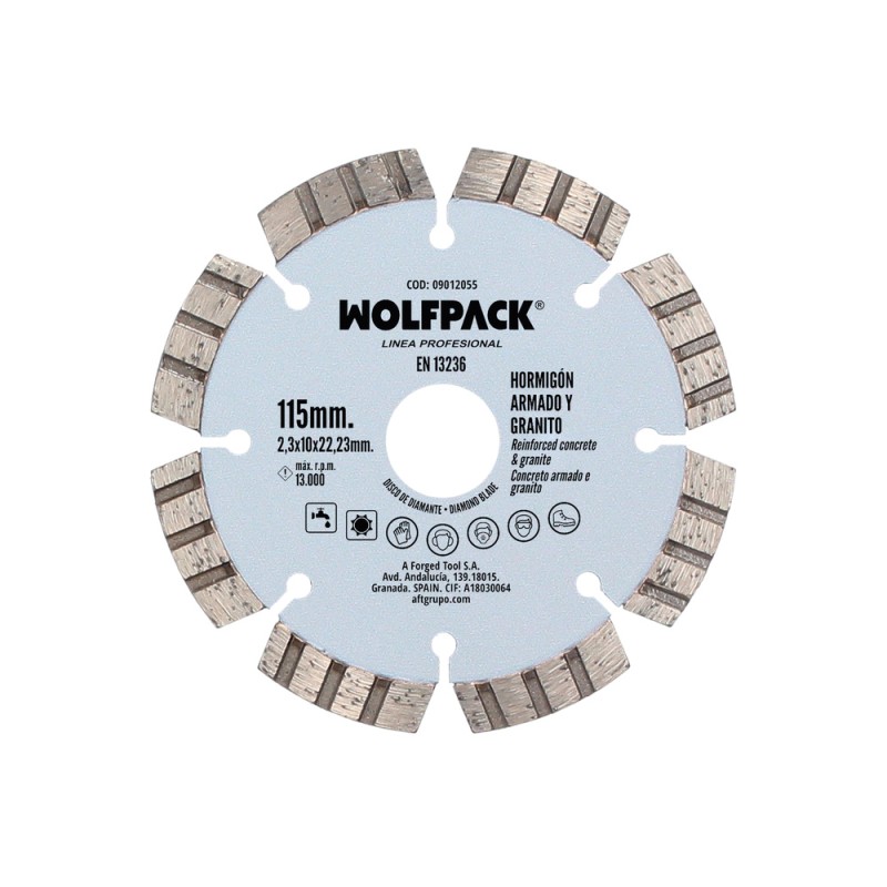 Disco Diamante Hormigon Armado / Granito Ø 115 mm. Segmento Diamantado 10 mm. WOLFPACK LINEA PROFESIONAL