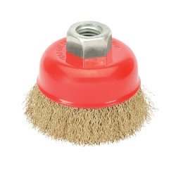 Cepillo Taza Con Alambre De Acero Latonado Rosca M14, Ø 100 mm. Alambre de Ø 0,30 mm. WOLFPACK LINEA PROFESIONAL