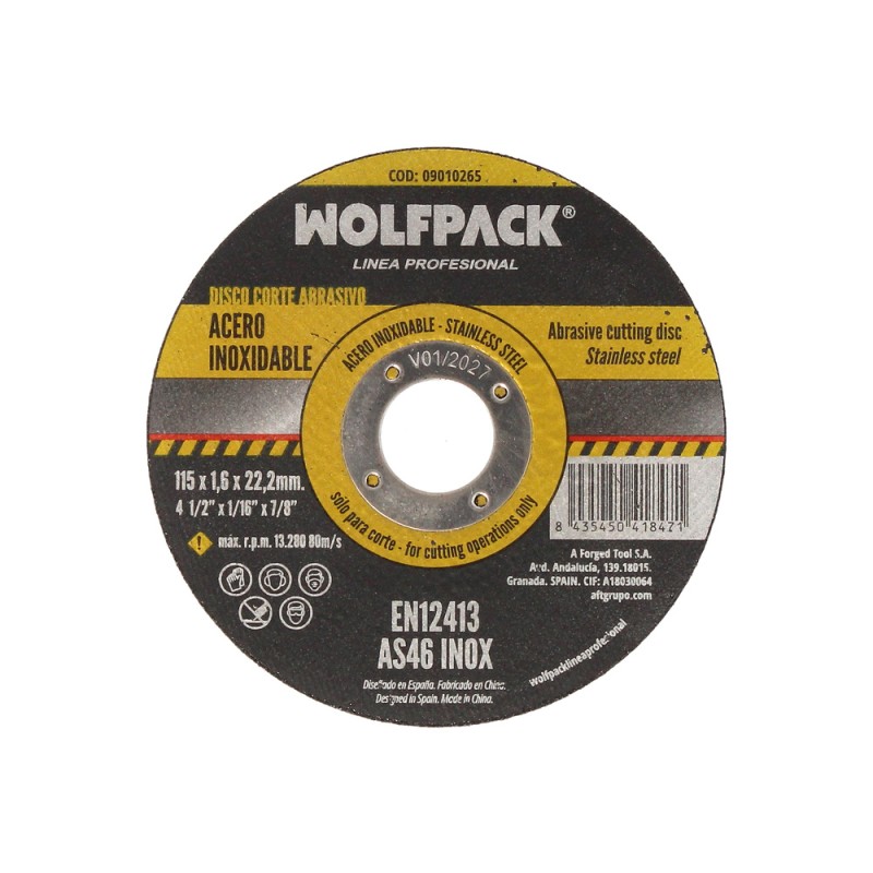 Disco Corte Abrasivo Acero Inoxidable Plus Ø 115x Ø 22,2 mm Espesor 1,6 mm. Disco Radial / Amoladora Universal WOLFPACK LINEA P