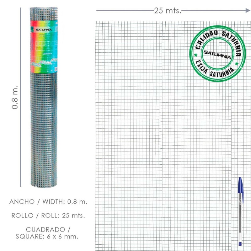Malla Electrosoldada Galvanizada 6x6 / 80 cm. rollo 25 Metros Uso Domestico SATURNIA