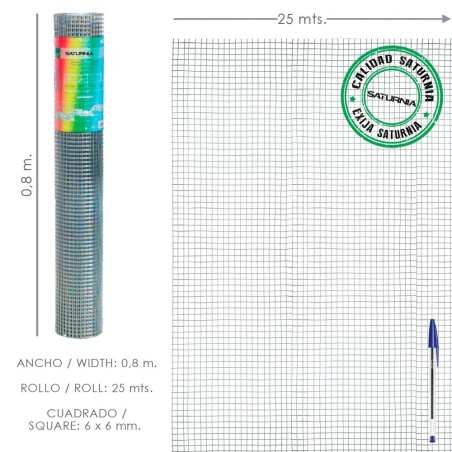 Malla Electrosoldada Galvanizada 6x6 / 80 cm. rollo 25 Metros Uso Domestico SATURNIA