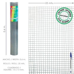 Malla Electrosoldada Galvanizada 13x13 / Altura 60 cm. Rollo 25 Metros. Uso Domestico SATURNIA
