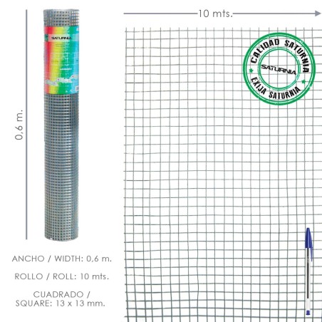 Malla Electrosoldada Ligera Galvanizada 13x13 Alto 60 cm. Rollo 10 Metros Uso Domestico SATURNIA