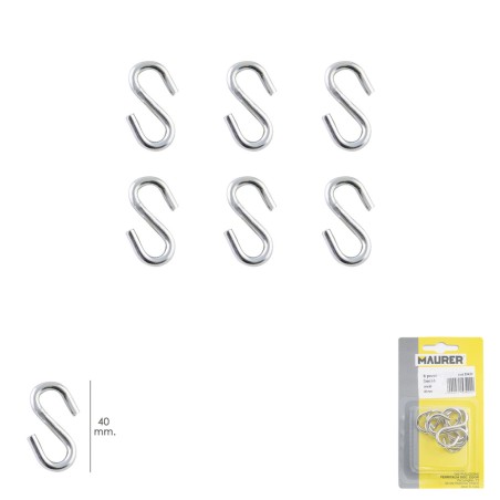 Gancho "S" 40 mm. Zincado (Blister 6 piezas) Uso Domestico MAURER