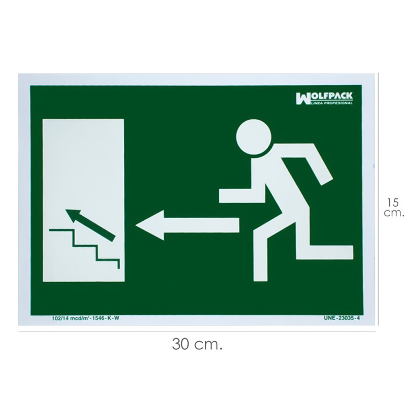 Cartel / Señal Fluorescente Salida Escalera Izquierda Arriba 30 x 21 (Alt.) cm. WOLFPACK LINEA PROFESIONAL